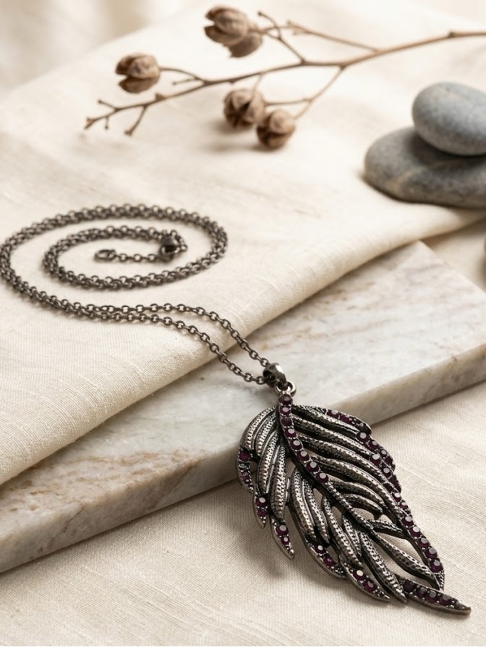 Leaf Statement Necklace – Dark Metal & Vibrant Purple Crystal Accents